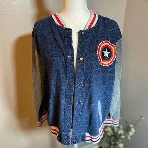 Capt America varsity letterman’s jacket. Vintage feel. Heather blue and gray